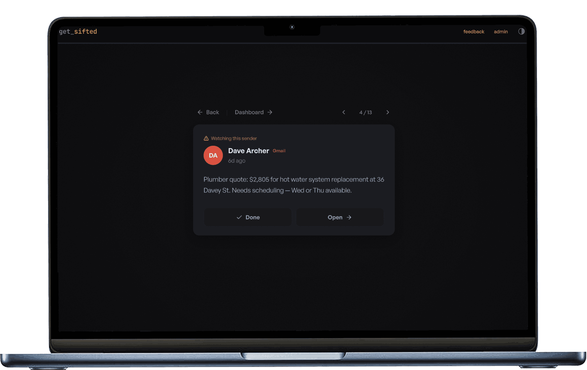 get_sifted Fast Focus on desktop — Dave Archer plumber quote with Done and Open actions.