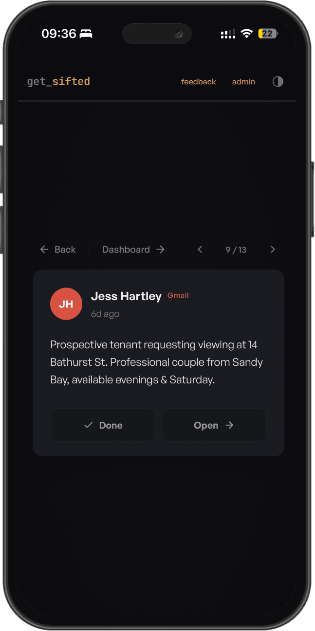get_sifted Fast Focus on iPhone — Jess Hartley, prospective tenant viewing at 14 Bathurst St.