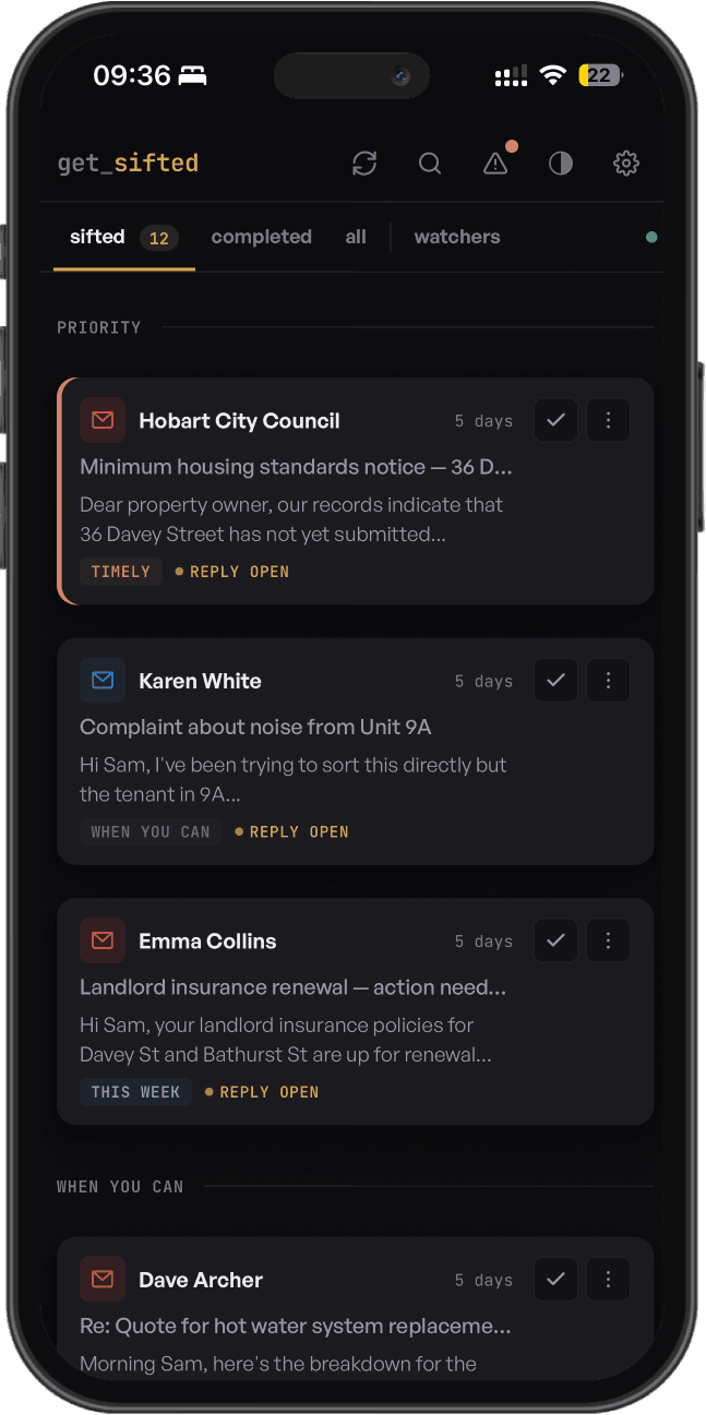 get_sifted queue on iPhone — sifted tab with priority items including Hobart City Council, Karen White, Emma Collins.